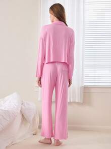 Ocili Bộ đồ ngủ nữ mùa thu thanh lịch 2 món, mềm mại, thoải mái, cổ áo thêu, cài nút vỏ sò, tay dài và quần. - Hồng - Xem 4
