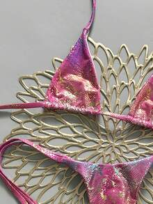 Swim SXY 性感泳装两件套，蛇纹挂脖三角文胸配侧系带丁字裤，春夏海滩度假 - 玫紅色 - 查看 7