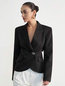 Aveloria Modichic 黑色纯色立领双层露背不对称金属手工缝制纽扣修身休闲百搭女式西装外套 - 黑色 - 查看 3