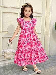 SHEIN Serisse Kids 少女碎花方领荷叶边蝴蝶结露背镂空连衣裙 - 彩色 - 查看 2