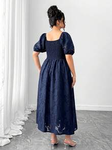 Elenzga Plus Size Women Elegant Square Neck Puff Sleeve Jacquard Cutwork Midi Dress - Navy Blue - View 2