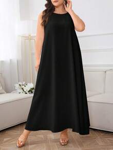 Al Najma Plus Size Women's Sleeveless Solid Color Arabic Style Dress - Black - View 5