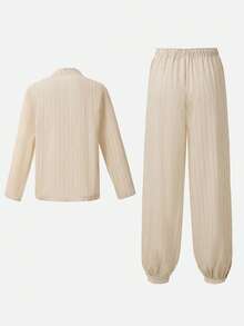 Ocili 女士条纹长袖家居服套装，冬季服装 - 卡其色 - 查看 2