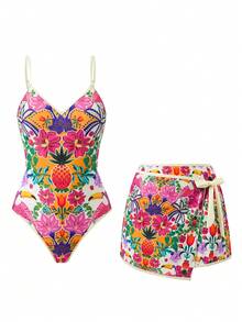 Swim Oasis 女士泳衣套装，花卉水果印花系带款，两件套夏季沙滩度假装 - 彩色 - 查看 3