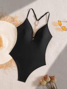 Bonvoyette Women's Black One-Piece Swimsuit,Cute Backless Halter Neck Monokini,Summer Beach Vacation Holiday Cut Out Bathing Suit Swimming Cruise Wear - Black - View 7