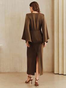 Anewsta Đầm dài tay cổ tròn thắt eo bên hông sang trọng dành cho nữ, chất liệu satin bóng, dáng ôm sát, thích hợp cho mùa xuân/hè. - màu nâu - Xem 3