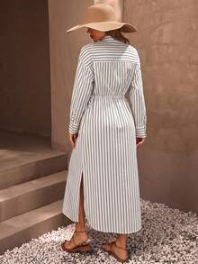 Casual Style Effortless, Linen Look Button Through And Drawstring Belt Detailed Maxi Shirt Dress - Multicolor - View 2