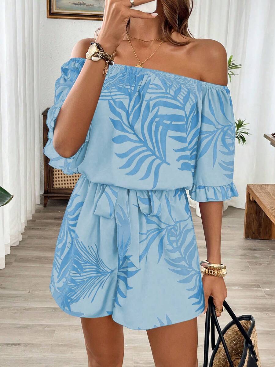 Breezaya 荷叶边袖收腰露肩夏威夷风连体衣 - 藍色 - 查看 1