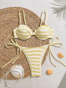 Swim Mod Bộ bikini nữ mới, chất liệu vải có họa tiết, có gọng nâng ngực, dây đeo có thể điều chỉnh, 2 mảnh cho kỳ nghỉ hè ở bãi biển, gợi cảm và dễ thương, giúp thon gọn vóc dáng. - Màu vàng - Xem 6