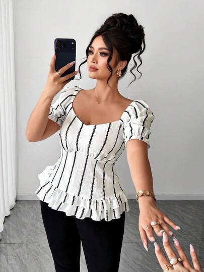 Elenzga Plus Size Women's Waist Cinching Textured Striped Print Elegant Palace Style Blouse