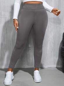 SHEIN Essnce Plus Size Women's Spring And Autumn Leisure Sports High Waist High Elastic Comfortable Black Slim Leggings,Women Bottom,Street Wear,Curve Pants,Basics Pants,Fall Outfits,Y2k Pants - Grey - View 6