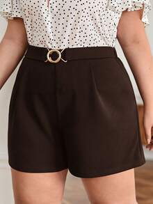SHEIN Frenchy Plus Size Casual Solid Color Shorts, Summer - Brown - View 3