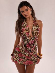 SHEIN BAE Leopard Floral Pattern Sexy Halter Backless Top And Mini Skirt 2 Pieces Set - Brown - View 5