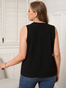Rosumi Black Plus Size Sleeveless V-Neck Blouse With Button Detail And Asymmetrical Hem,Teacher Shirts - Black - View 4