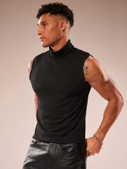FeverCity Men's Solid Color Casual Stand Collar Sleeveless Tank Top