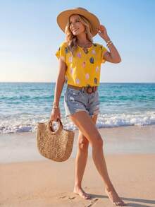 Sylviya Feather Print Keyhole Neckline Batwing Sleeve Blouse - Yellow - View 4