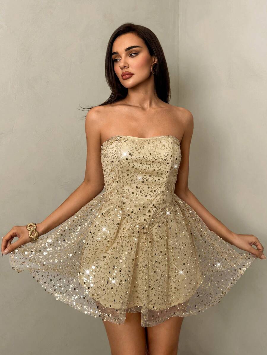 SHEIN Glamour Women's Sequin Decor Fashionable Bandeau Mini Dress - Gold - View 1