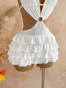 Soleia Vestido corto de verano para mujer de unicolor, con cuello halter, espalda descubierta, sin mangas, con recortes y volantes en el bajo - Blanco - Ver 9