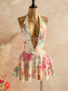 Soleia 性感V领交叉装饰镂空露背系带纹理面料不对称下摆迷你连衣裙，适合派对、圣诞节、约会、夜店、海滩、邮轮、下午茶、波西米亚风、度假、秋季女装、复古风 - 彩色 - 查看 3