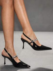 CUCCOO SZL Women's Pointed Toe Black Patent Leather Thin Heel Rhinestone Chain Strap Backless Sexy Fashion Date Night High Heels - Black - View 1