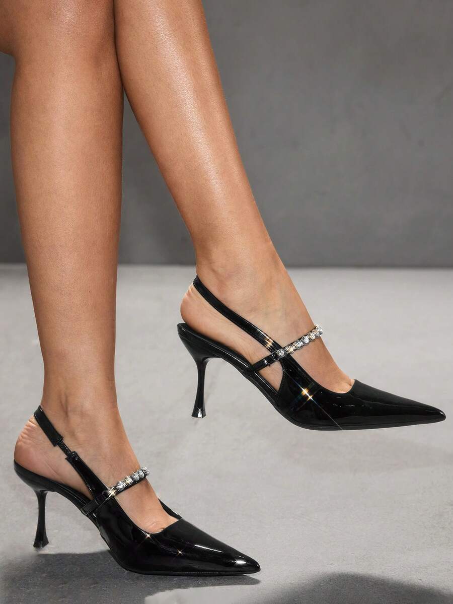 CUCCOO SZL Women's Pointed Toe Black Patent Leather Thin Heel Rhinestone Chain Strap Backless Sexy Fashion Date Night High Heels - Black - View 1