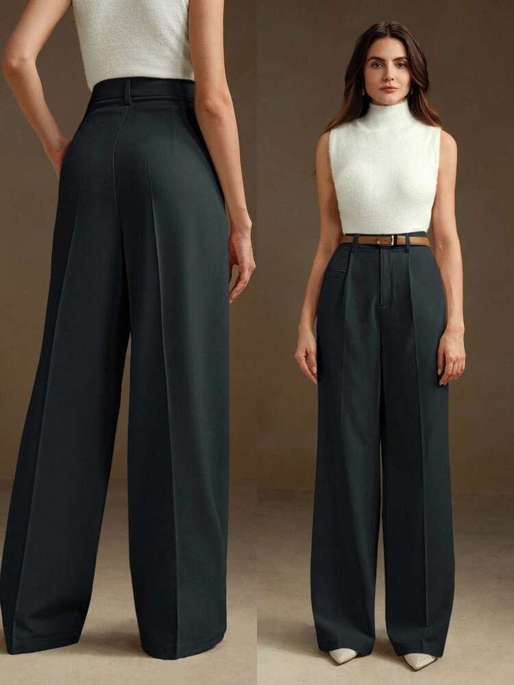 Women's Petite Office Wear Dark Grey Formal Trousers