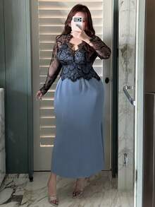 Dazy Plus Elegant maxiklänning med sjöjungfrukant och kontrasterande spets, vår/sommar - Blå - Visa 8