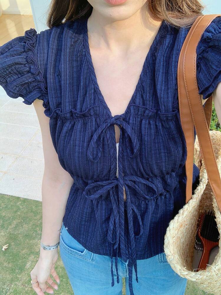 Spring & Summer V-Neck Ruffle Patchwork Blue Blouse With Front Tie, Elegant Casual Vacation Beach Chiffon Shirt, Waist Cinching, Suitable For Commute, Wedding, Valentine's Day