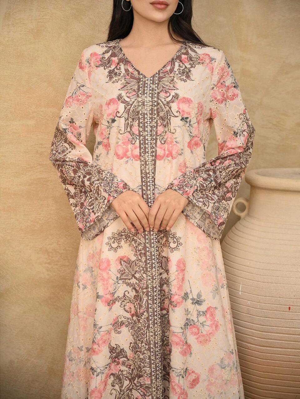 Floral Jacquard Fabric Loose Long V-Neck Long Sleeve Elegant Resort Dress For Women, Spring/Autumn Dress Sundress Vacation