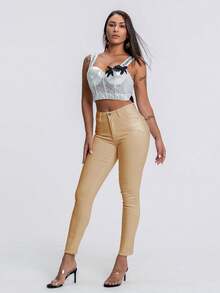 Flexra Solid Color Pocket Skinny Casual Fashionable Jeans - Khaki - View 3