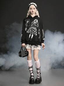ROMWE SpringGothic Witch Weapon Print Patchwork Ruffle Trim Sweatshirt Sweatshirt For Women - Black - View 6