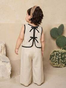 2pcs Baby Girl Knitted Solid Color Sleeveless Top And Leggings Set - Apricot - View 1