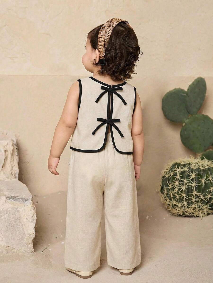 2pcs Baby Girl Knitted Solid Color Sleeveless Top And Leggings Set - Apricot - View 1