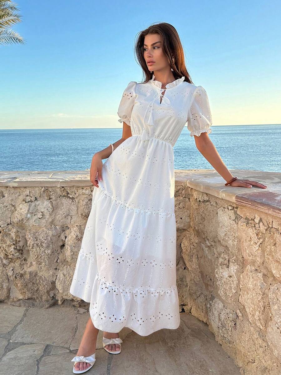 EURMUSE White Eyelet Embroidered Short Puff Sleeve Long Dress With Ruffle Hem - White - View 1