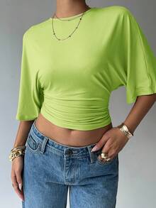 Aloruh Solid Color Batwing Sleeve Cropped Short Sleeve Top, Fitted, Versatile For Summer - Green - View 4