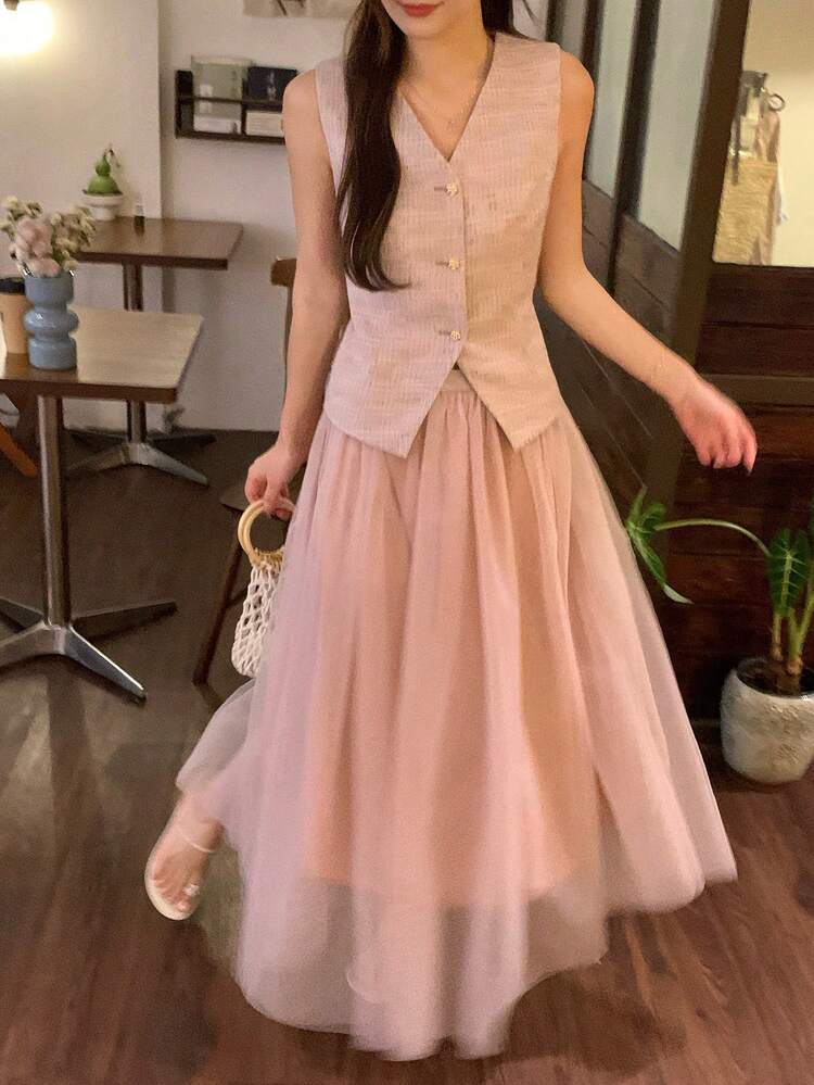 Women's V-Neck Single-Breasted Vest And Mesh Midi Skirt Elegant 2-Piece Set