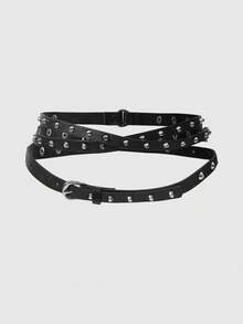 ROMWE Grunge Punk 1pc Punk Metal Buckle Rivet Black Belt, Y2K Goth Double Layer Thin Leather Belt, Very Long, Suitable For Daily Wear Summer, School Fall, Autumn, Halloween - Black - View 11