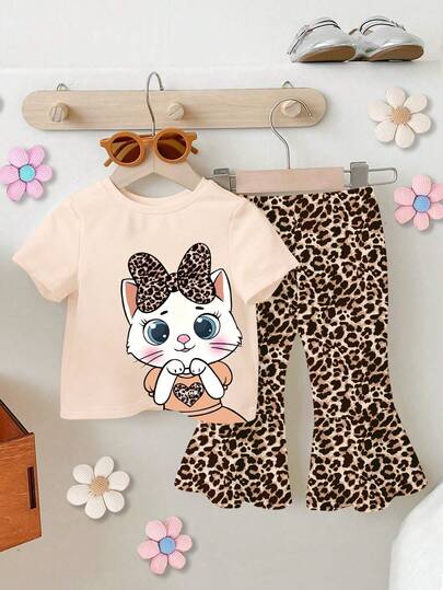 1 Set Niñas Bebé Lindo Gato y Estampado de Leopardo Corazón Gráfico Camiseta y Pantalones de Campana de Punto Conjunto Lindo, Conjunto de Camiseta de Estampado de Leopardo, Ropa con Estampado de Gatito de Dibujos Animados, Primavera a Verano