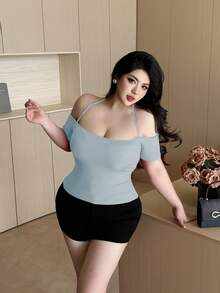 Vibekara Plus Size Solid Color Spaghetti Strap Off Shoulder Fitted Summer Women Tank Top - Baby Blue - View 6
