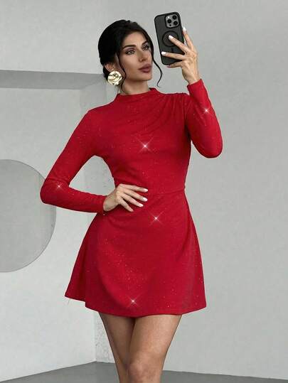 Firerie Women's Elegant Minimalist Delicate Romantic Sweet Daily Commute Wedding Party Music Festival Holiday Pleated A-Line Mini Dress, Red Long Sleeve