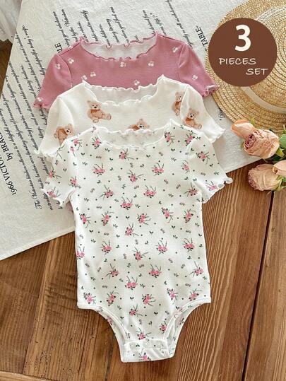 LMoss Kids 3pcs Baby Girl Knitted Floral Bear Pattern Ruffle Collar Casual Romper Set