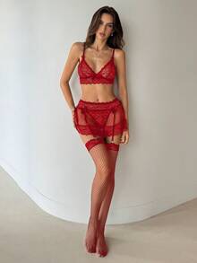 Aloruh Ramadan, Nobility, Gracefulness 4-Piece Set - Purple Embroidered Strapped Lace, Sexy, Gathered, Red French Underwear Set - Red - View 5