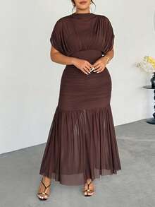 Firerie Đầm thời trang thanh lịch, tinh tế, lãng mạn và quyến rũ dành cho nữ cỡ lớn, thích hợp cho Ngày Valentine, đám cưới, các dịp lễ hội, với lớp vải voan mỏng phủ ngoài, màu nâu. - màu nâu - Xem 6