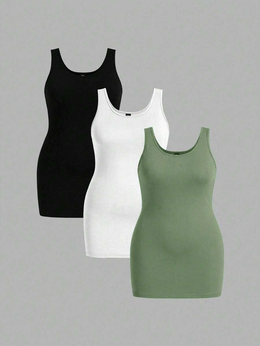 SHEIN Essnce 大码纯色圆领修身休闲背心,夏季 - 彩色 - 查看 1
