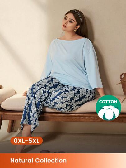 LUVLETTE 女士加大码蓝色柔软纯棉基础款T恤和印花长裤家居服睡衣套装，裤子带口袋，可作内衣外穿家居服套装