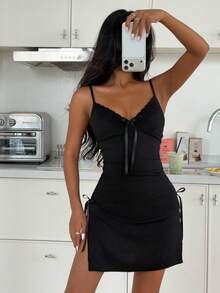 SHEIN Sexy Ribbed Fabric Ruffle Slit Cami Slip Dress, Comfortable For Outdoor Wear, Classic Ribbed Fabric - Black - View 5