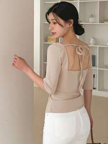 DAZY T-shirt d'été à col plongeant, taille cintrée, ourlet asymétrique et dos nu avec nœud pour femmes - Nude - Voir 2