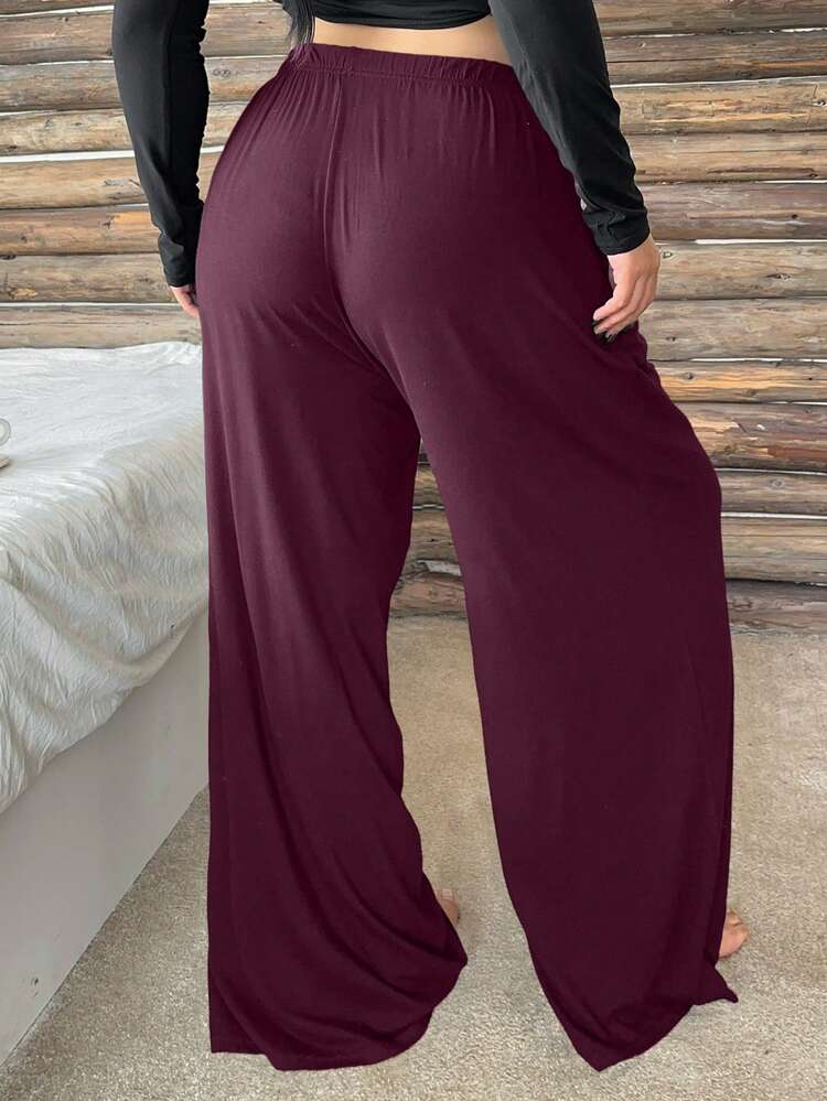 Dazy Plus Plus Size Women Elastic Waist Drawstring Straight Leg Sleepwear Bottoms, Loose Fit Solid Color Pajama Pants