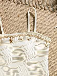 SHEIN 少女纹理面料吊带背心上衣和三角泳裤比基尼套装，适合海滩、泳池、休闲度假、春夏穿着 - 杏色 - 查看 9