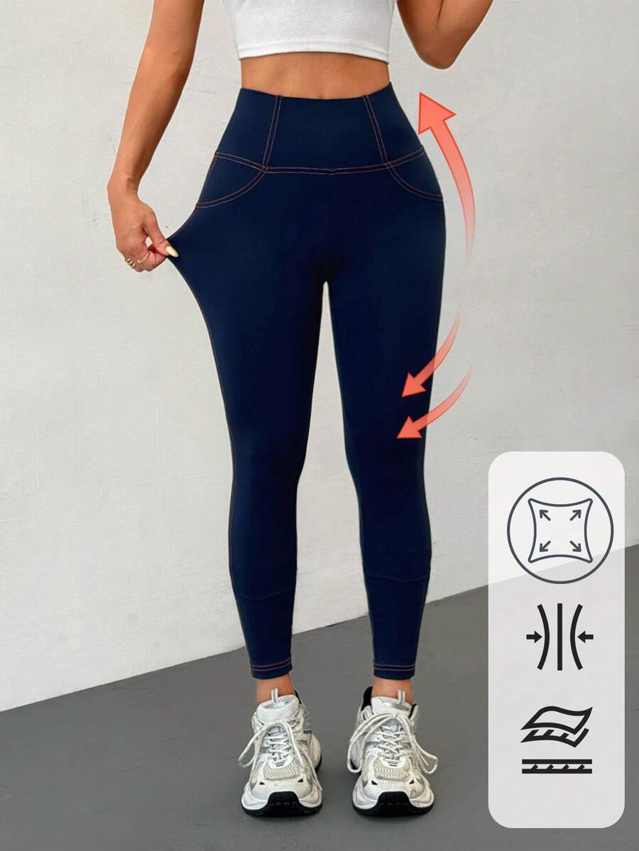 SHEIN PETITE Summer Outfit Patched Detail Top-Stitching Black Knit Wideband Waist Leggings Summer Spring Jeggings For Women Tummy Control Jeans Jeans High Waist Leggings With Pockets Women's Gym Clothes Casual - Blue - View 1